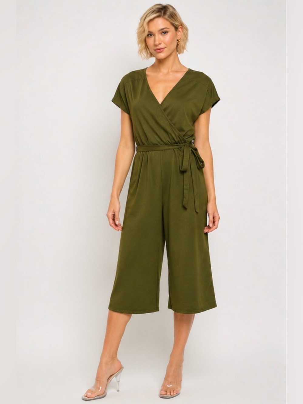 Olive Green Wrap Jumpsuit with Tie Waist